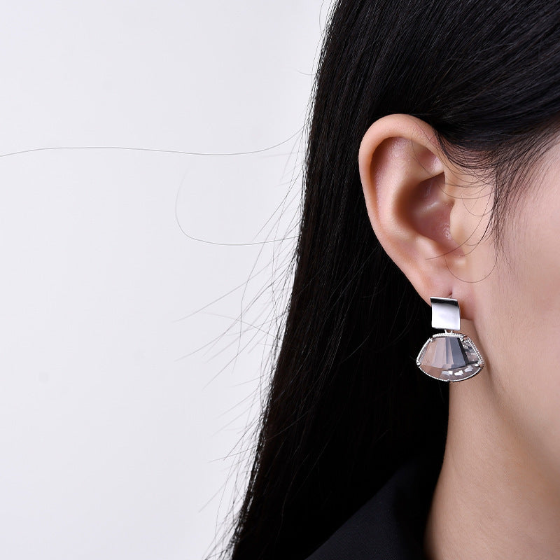 Fan-Shaped White Quartz Stud Earrings - 925 Sterling Silver Bezel Set Minimalist Design