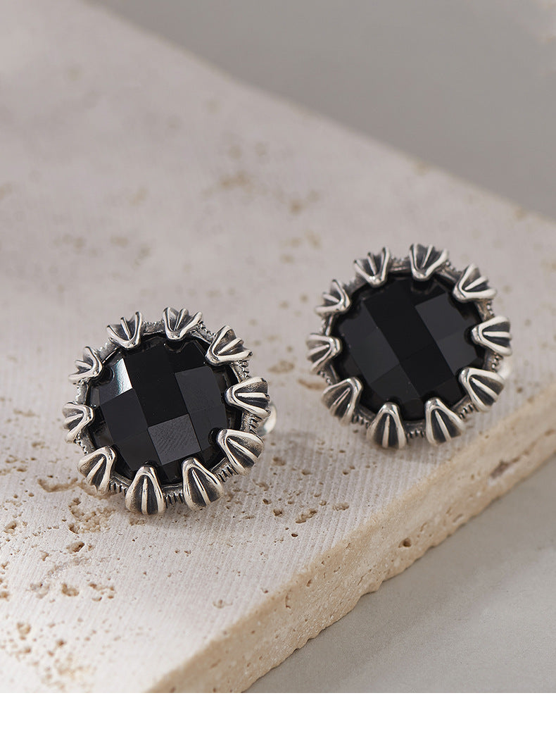 925 Sterling Silver Faceted Black Onyx Round Hoop Earrings