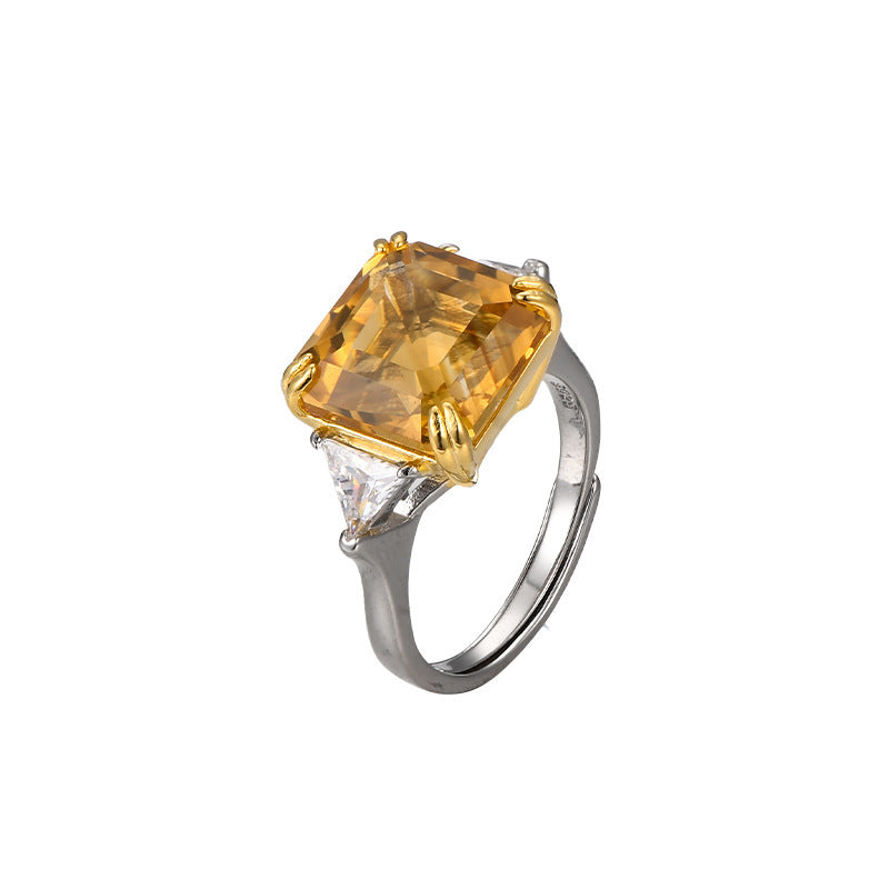 Sugar Cube Citrine Ring - 925 Silver Cut Diamond - Light Luxury Opening Ring