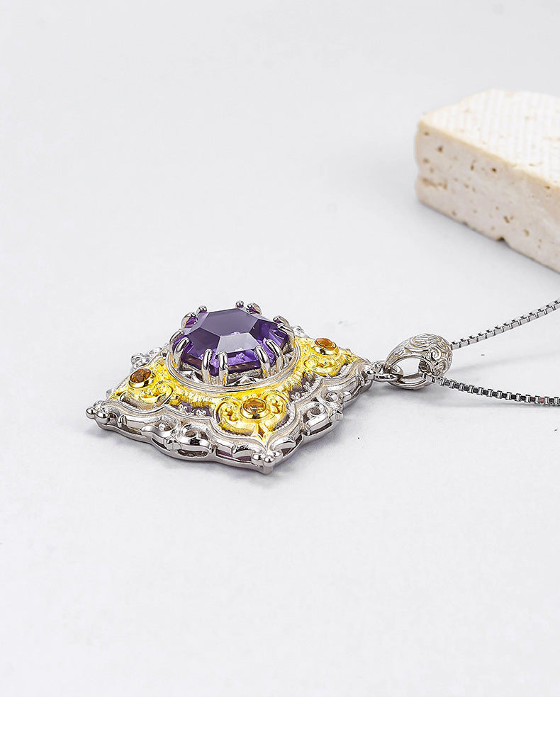 Rhombus Amethyst Pendant - 925 Silver Italian Retro Hollow Pattern - Court Style Necklace