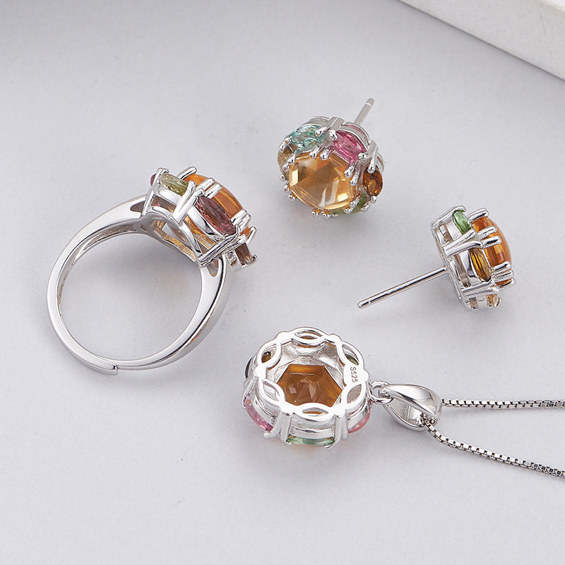 925 Sterling Silver Rainbow Tourmaline Flower Pendant Necklace