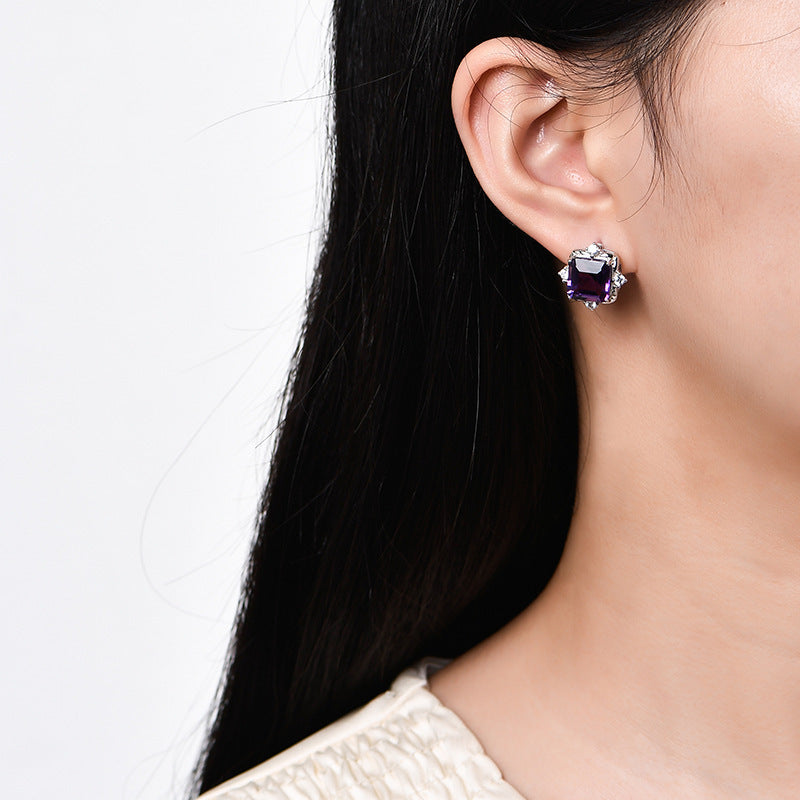 Square Amethyst Stud Earrings - 925 Sterling Silver Minimalist Cube Design