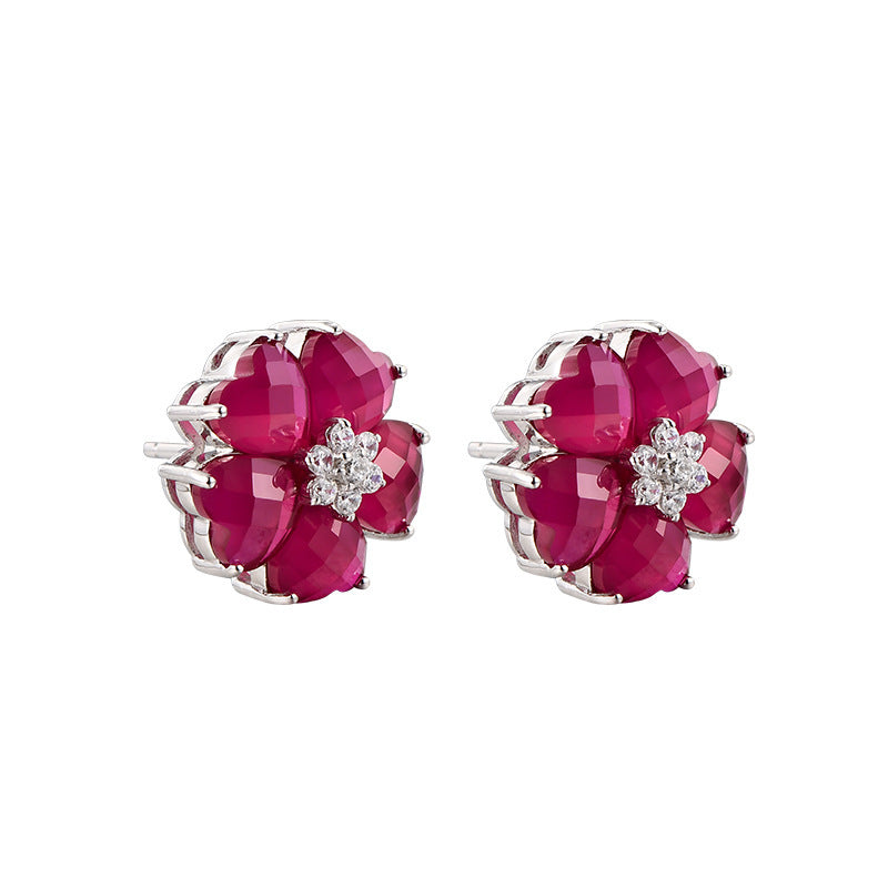 S925 silver heart-shaped redstone stud earrings fashion light luxury simple flower niche gemstone earrings women