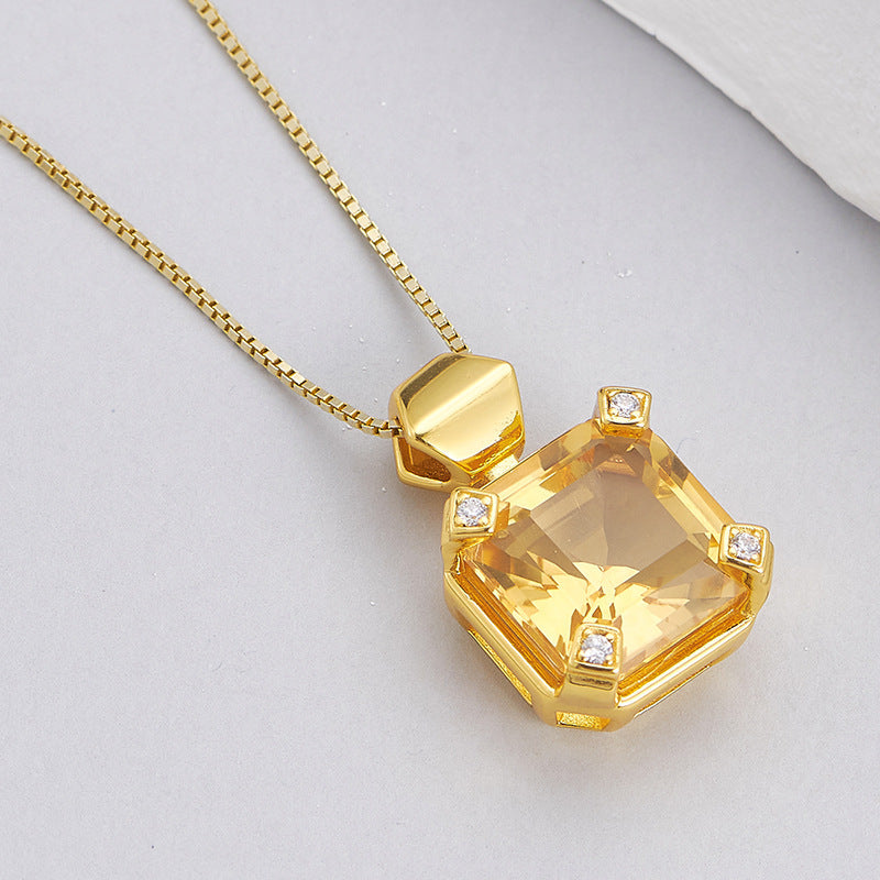 S925 silver simple and fashionable sugar cube citrine pendant light luxury niche design geometric collarbone necklace