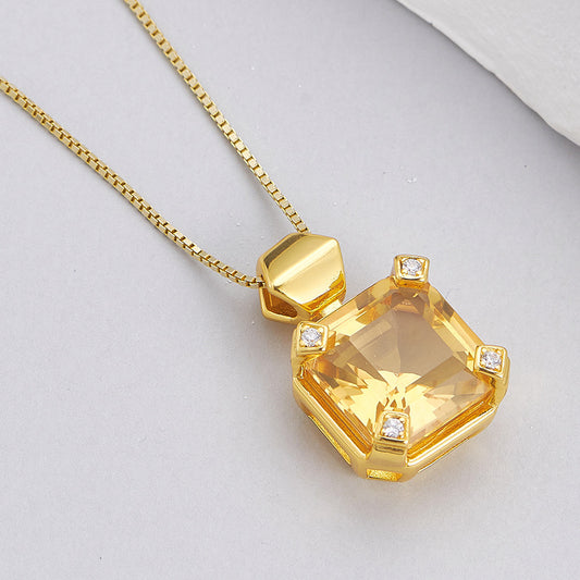 S925 Sterling Silver Citrine Geometric Collarbone Necklace