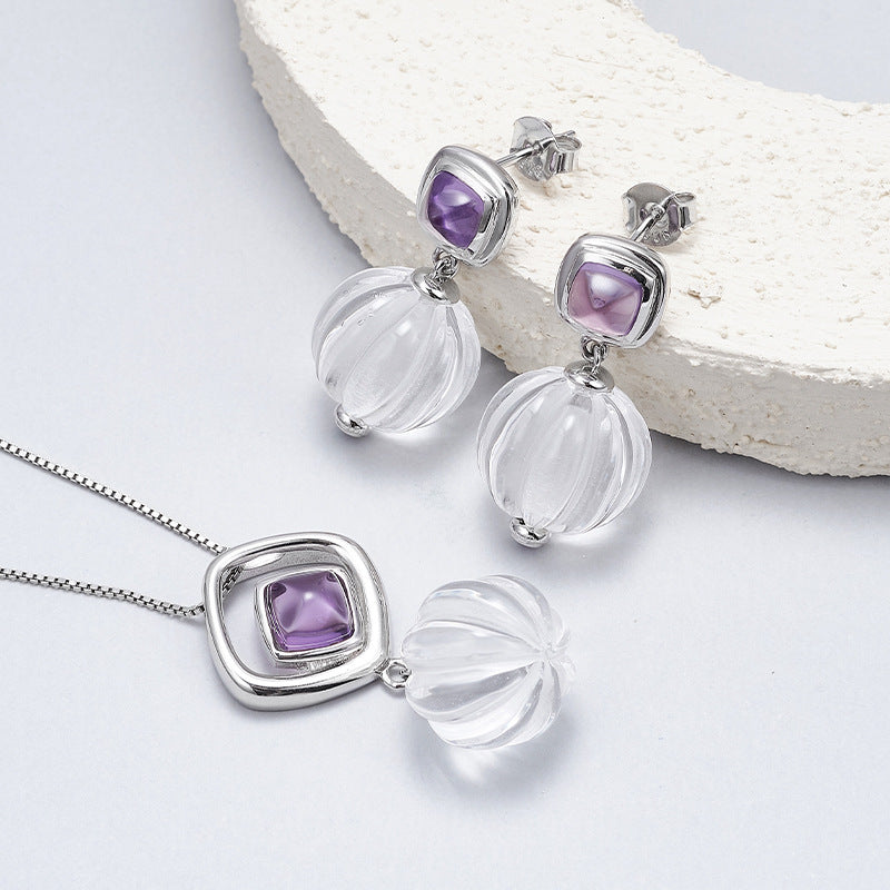S925 silver rhombus hollow amethyst stud earrings pumpkin beads white crystal earrings simple niche design geometric set