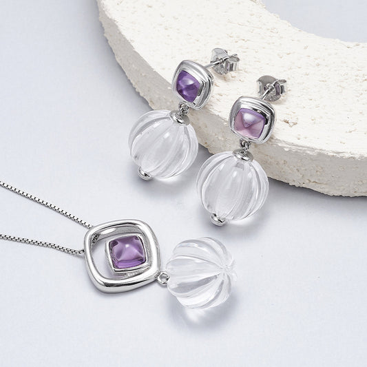S925 silver rhombus hollow amethyst stud earrings pumpkin beads white crystal earrings simple niche design geometric set