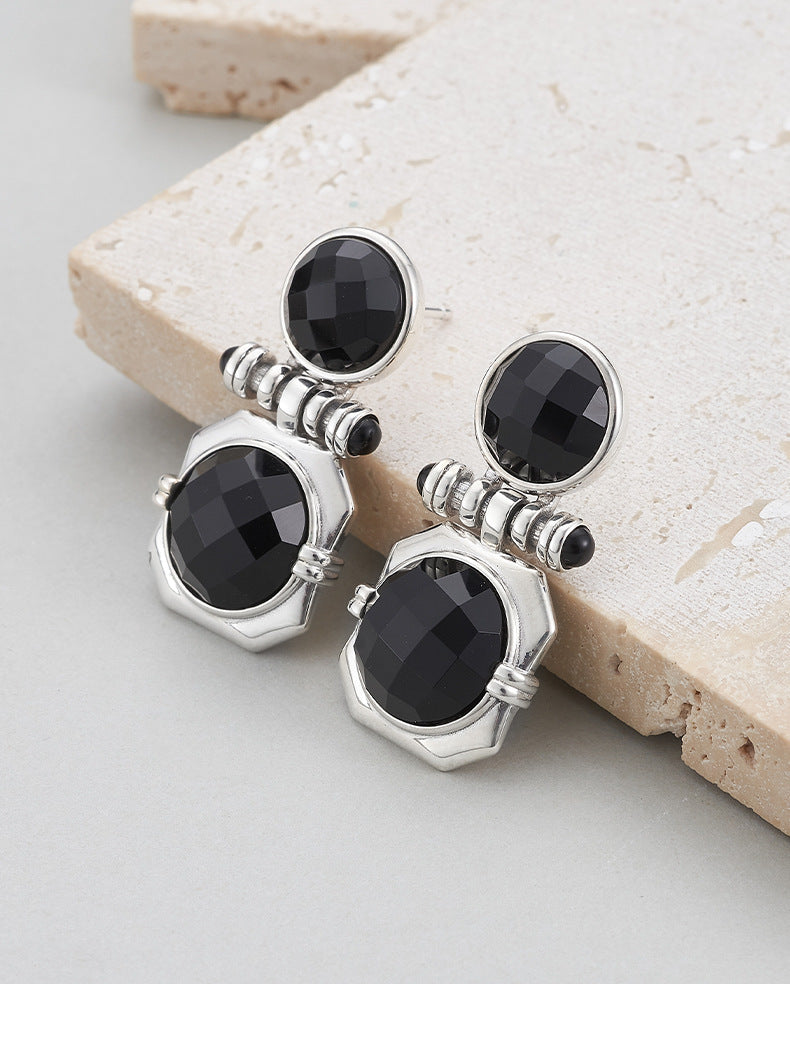 Faceted Onyx Stud Earrings - Solid 925 Silver Setting