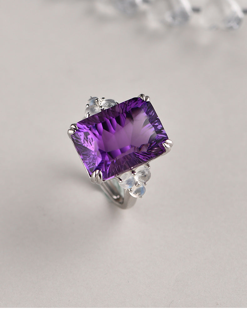 925 Sterling Silver Square Faceted Amethyst Ring - Minimalist Design