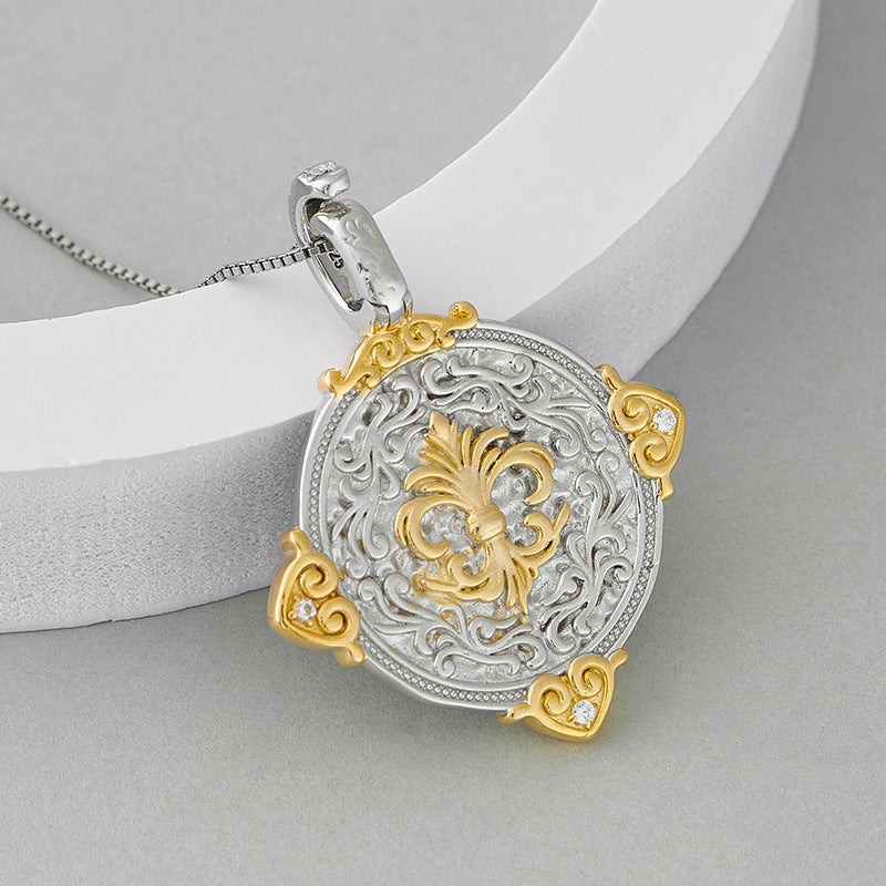 925 Sterling Silver Amethyst Double-Sided Round Pendant Necklace - Chinese Style