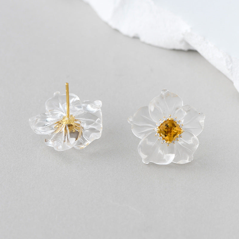 3D Flower Crystal Stud Earrings - 925 Silver Camellia Design - Citrine Accents