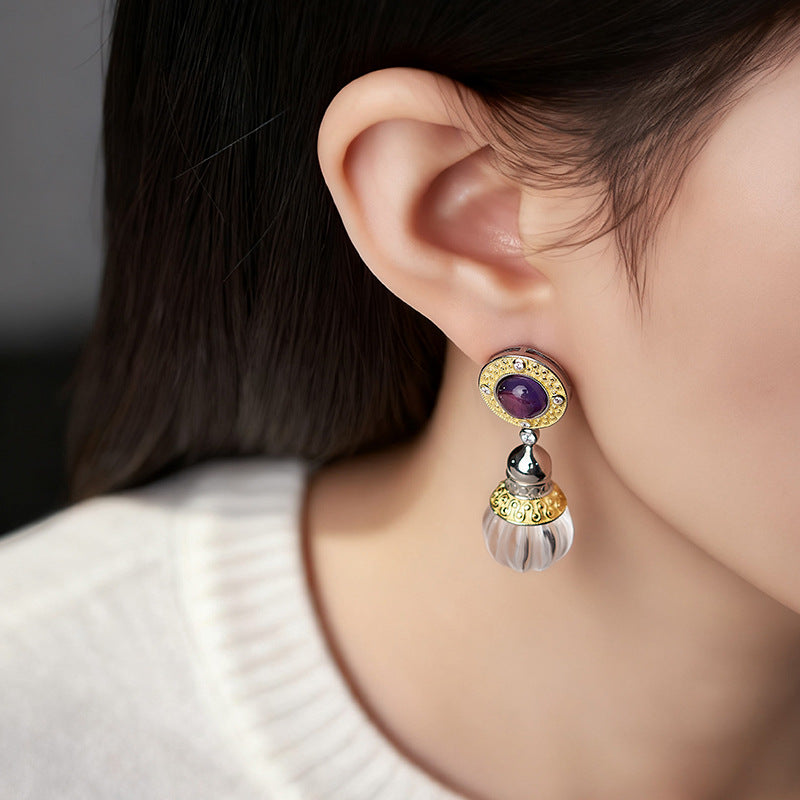 S925 silver natural crystal pumpkin bead earrings retro Italian craftsmanship temperament medieval earrings women