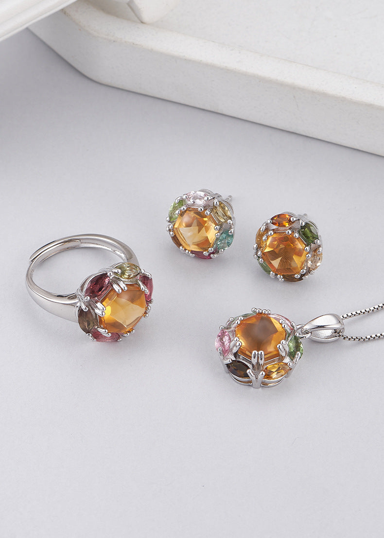 925 Sterling Silver Rainbow Tourmaline Flower Pendant Necklace