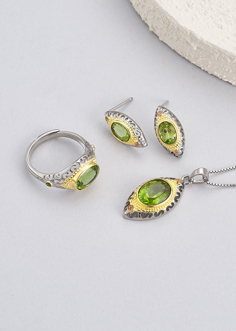 Two-Color Oval Peridot Earrings - 925 Silver Italian Craft - Vintage Court Geometry Set