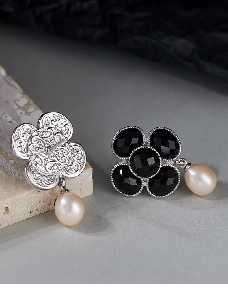 925 Sterling Silver Black Onyx Pearl Camellia Stud Earrings - French Design
