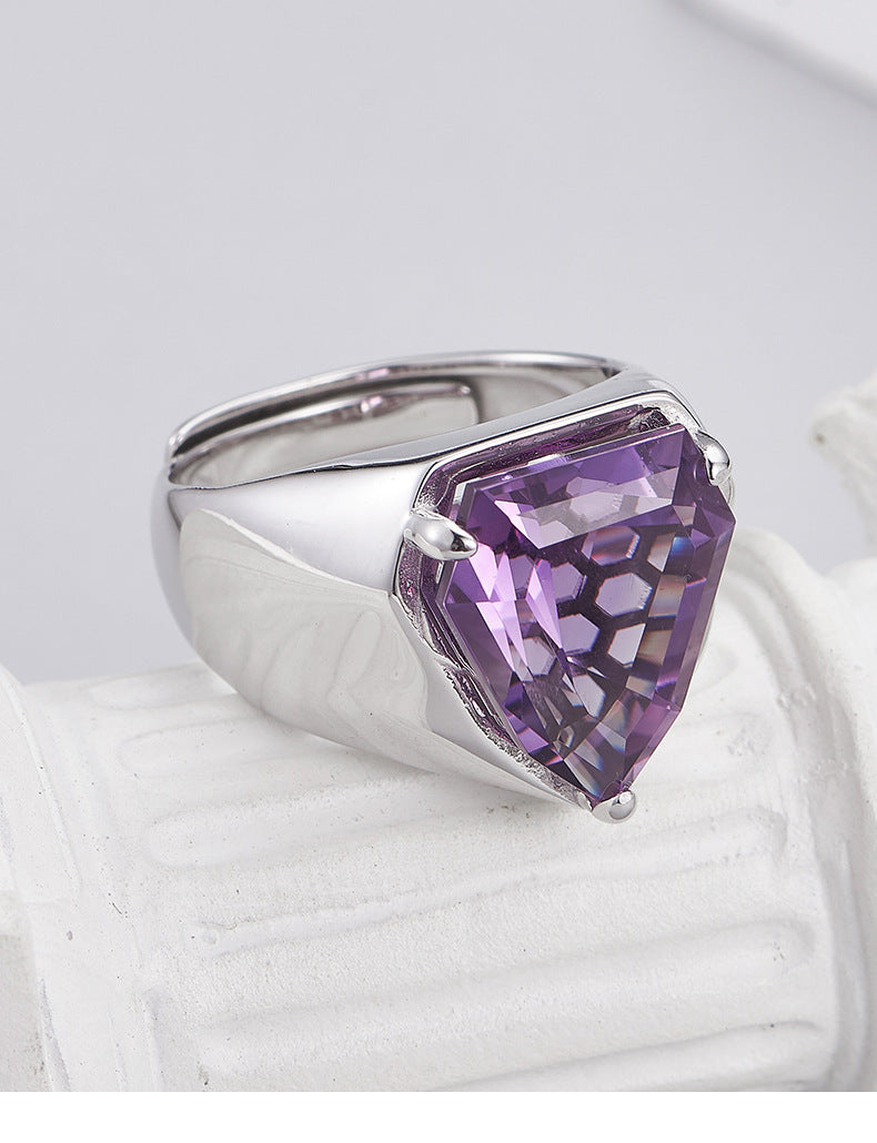 S925 silver cut amethyst geometric personality open ring fashionable simple sweet cool temperament adjustable ring