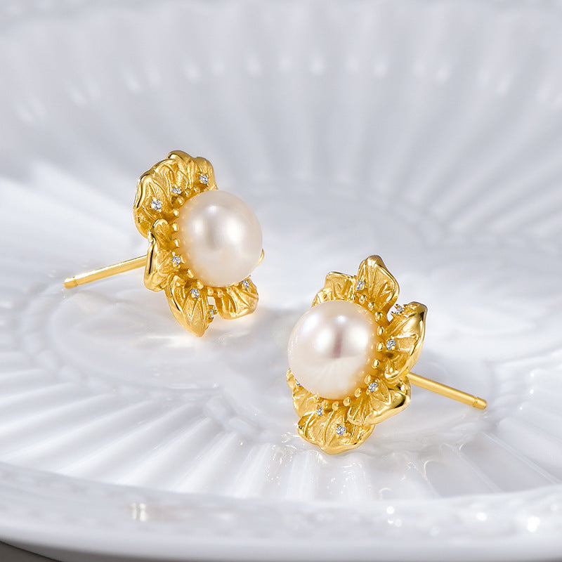 925 Sterling Silver Pearl Flower Stud Earrings - Vintage Design