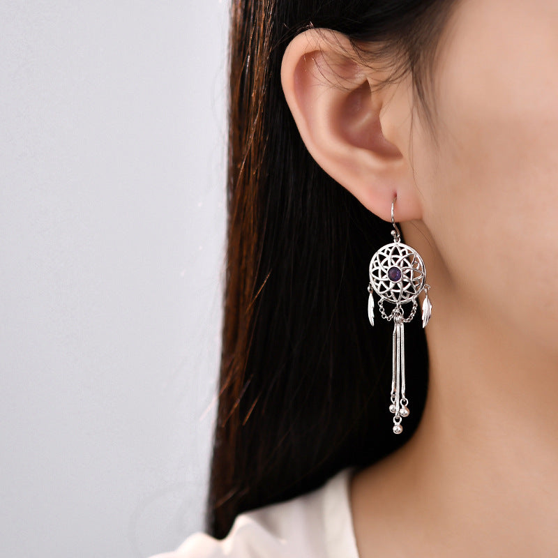 925 Sterling Silver Dreamcatcher Tassel Dangle Earrings - Bohemian Design