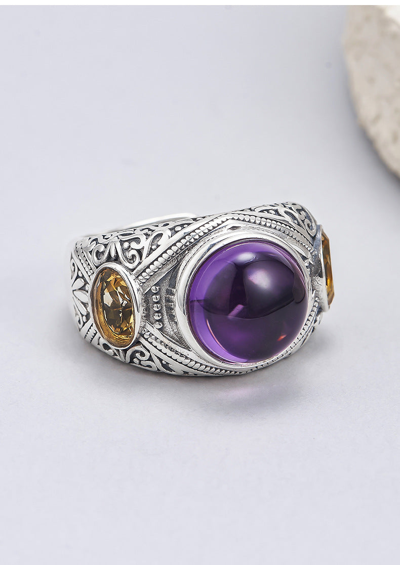 925 Silver Amethyst Adjustable Ring - Floral Vintage Design
