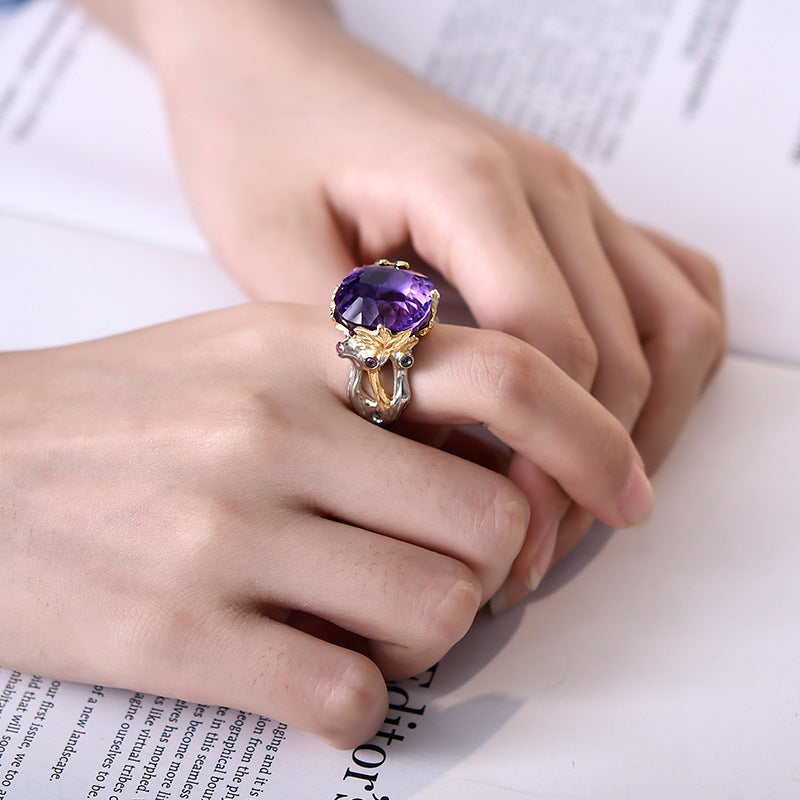 Retro Court Amethyst Ring - 925 Silver Gold-Plated Weave - Heavy Industry Statement Ring