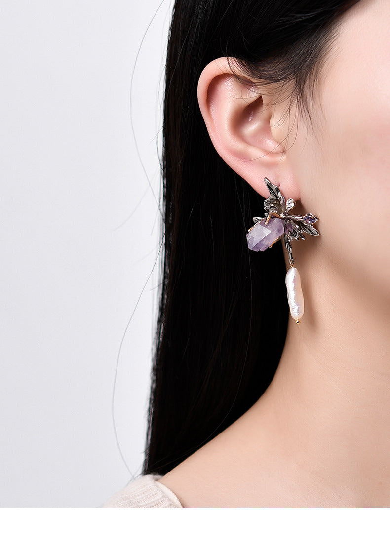 925 Sterling Silver Amethyst Stud Earrings - Baroque Vintage Design