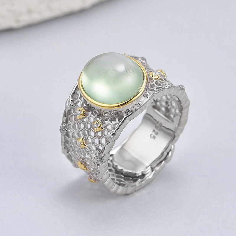 Hollow Lace Grape Stone Ring - 925 Silver Wide Band - Retro Geometric Design
