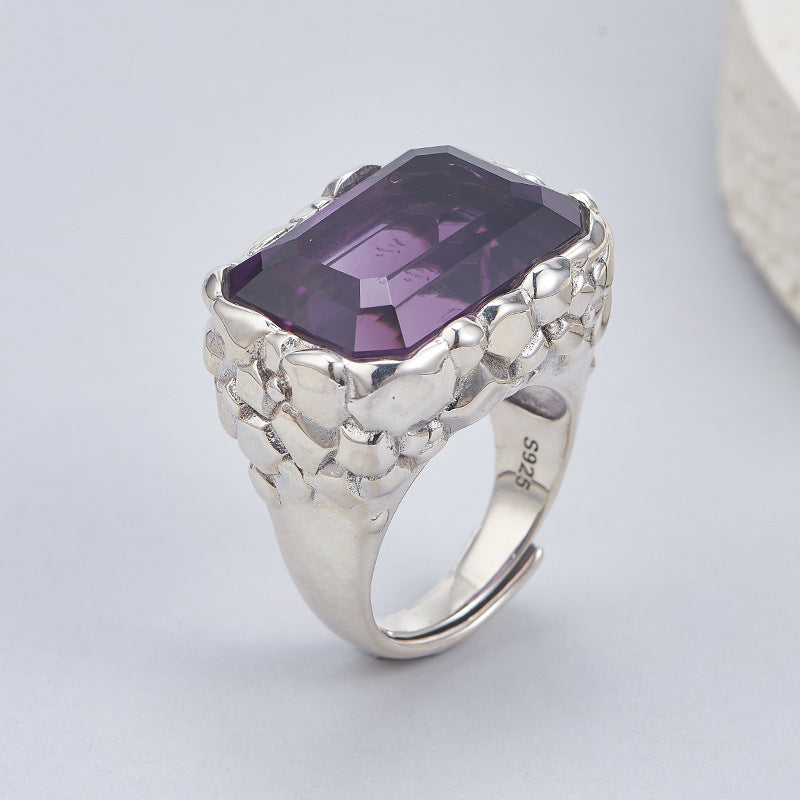 Bold Amethyst Statement Ring | 925 Sterling Silver | Textured Square Cocktail Ring
