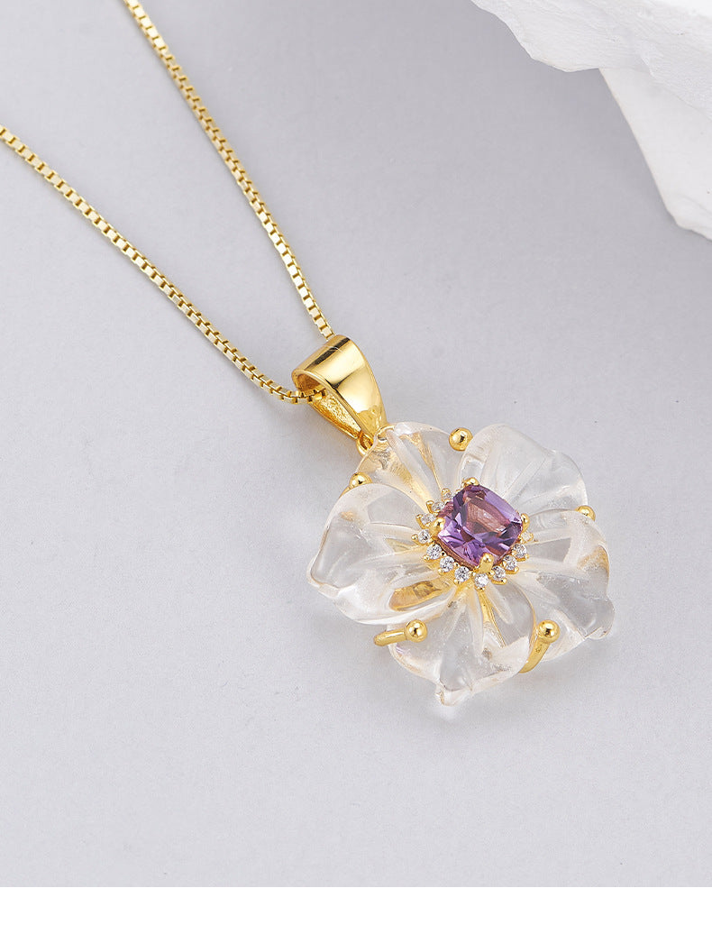 Zircon Crystal Flower Pendant - 925 Silver Micro-Inlaid - French Luxury Amethyst Necklace