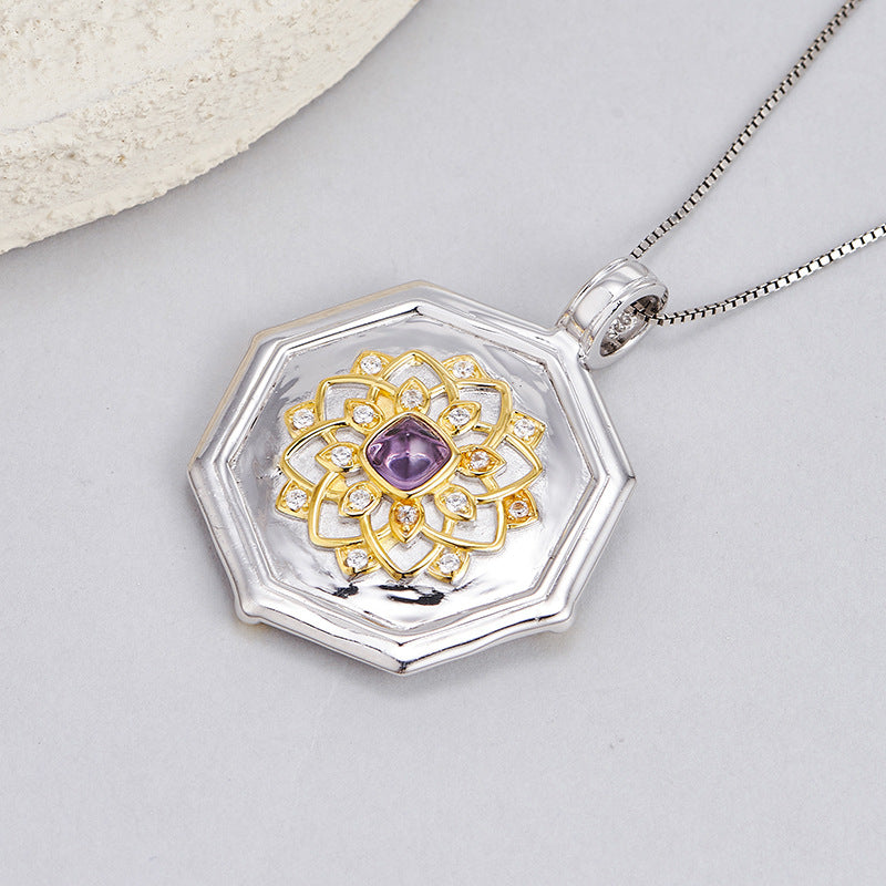 Amethyst Portrait Pendant | 925 Sterling Silver | Retro Relief Necklace