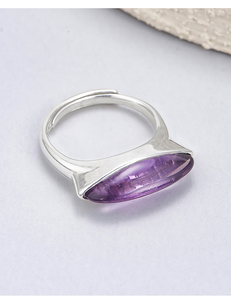 Minimalist Amethyst Marquise Ring - Adjustable Sterling Silver Band