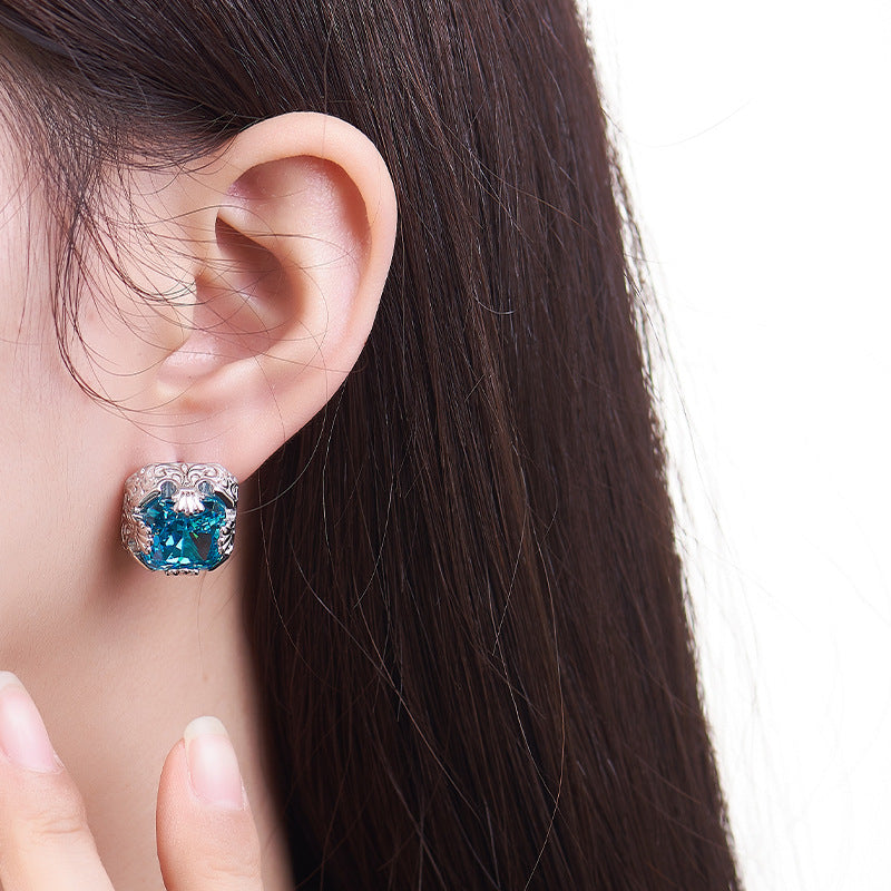 925 Sterling Silver French Vintage Aquamarine Square Stud Earrings