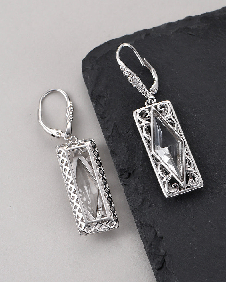 925 Sterling Silver Diamond-Shaped White Crystal Earrings - Court Style
