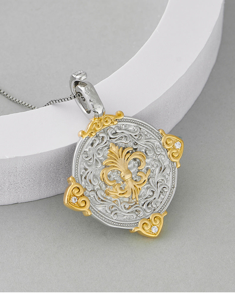 925 Sterling Silver Amethyst Double-Sided Round Pendant Necklace - Chinese Style