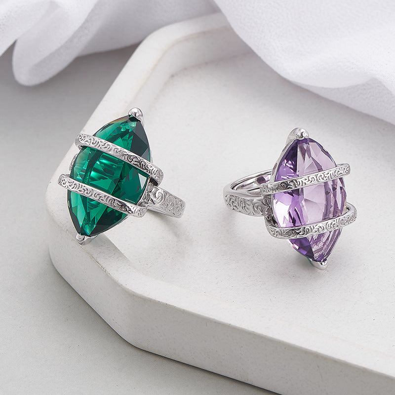 925 Sterling Silver Geometric Amethyst Open Ring