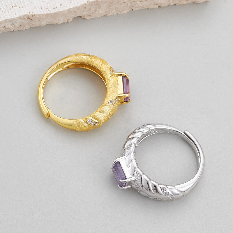 925 Sterling Silver Gold Plated Textured Amethyst Ring - Vintage Design