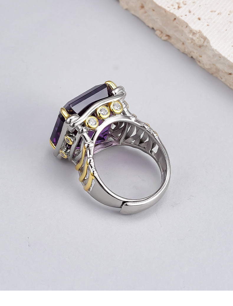 Square Citrine Ring - 925 Silver Italian Contrasting Color - Geometric Opening Ring