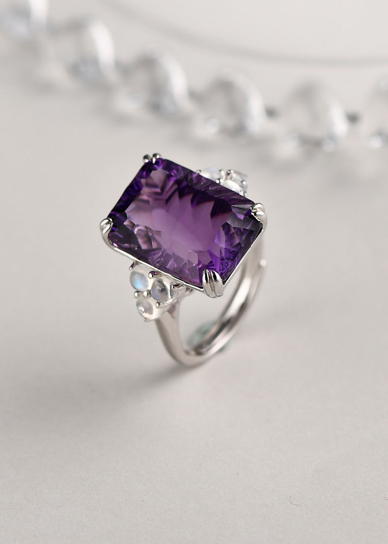 925 Sterling Silver Square Faceted Amethyst Ring - Minimalist Design