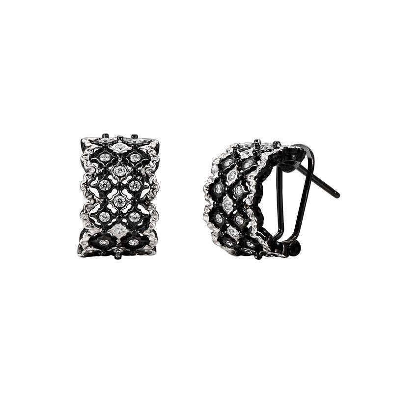 Vintage Lace C-Hoop Earrings - 925 Sterling Silver Italian Filigree Design - Black Finish
