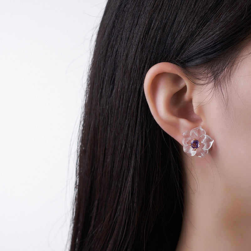 3D Flower Crystal Stud Earrings - 925 Silver Inlaid - Simple Temperament Fresh Design