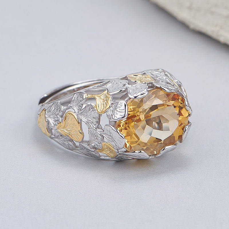Ginkgo Leaf Citrine Ring | 925 Sterling Silver | Italian Craftsmanship