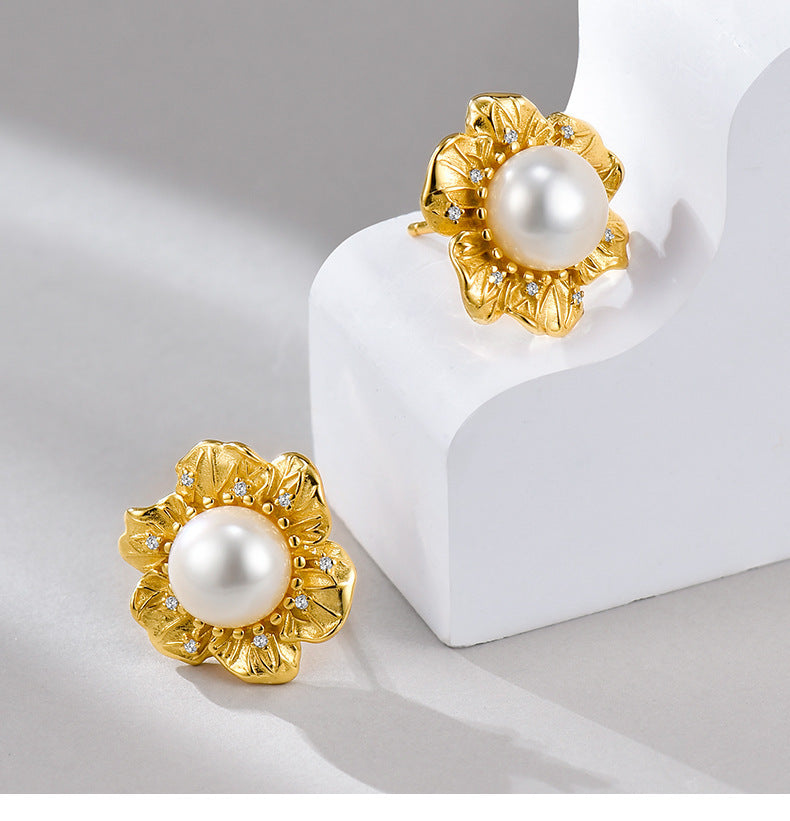 925 Sterling Silver Pearl Flower Stud Earrings - Vintage Design