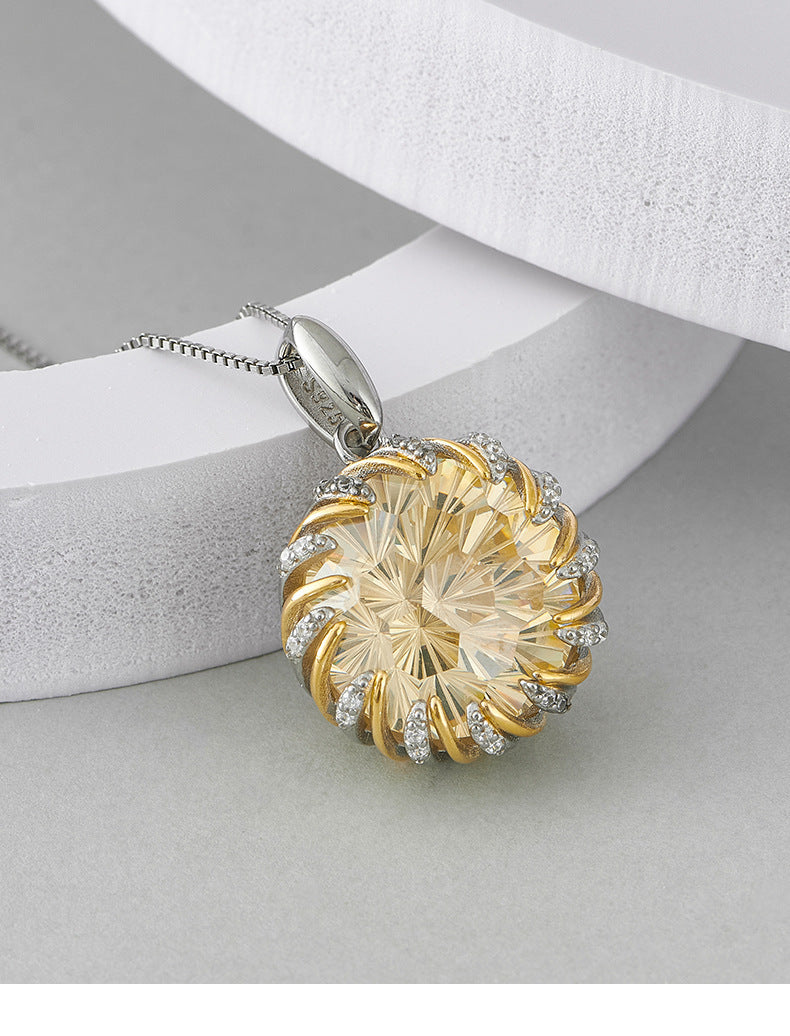 Two-Tone Floral Bud Pendant - 925 Sterling Silver with Yellow Gemstone & Pavé Crystals