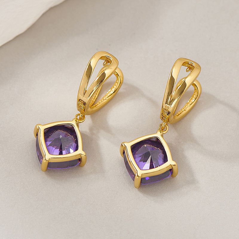 925 Sterling Silver Gold Plated Geometric Purple Stone Dangle Earrings - French Vintage