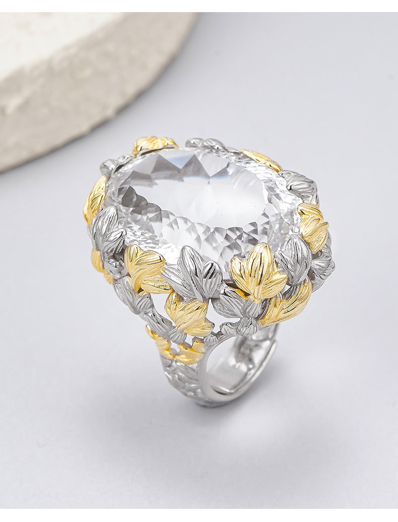 Hollow Leaf Crystal Ring - 925 Silver Exaggerated Design - Statement Citrine Index Finger Ring