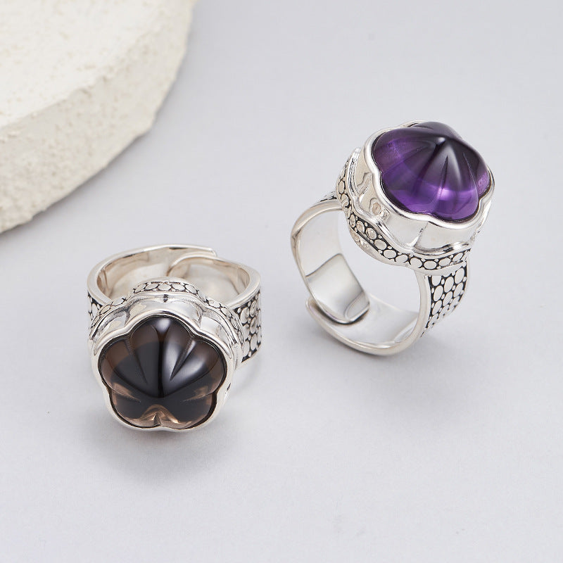 S925 silver natural amethyst plum blossom wide version ring retro niche design tea crystal index finger ring women