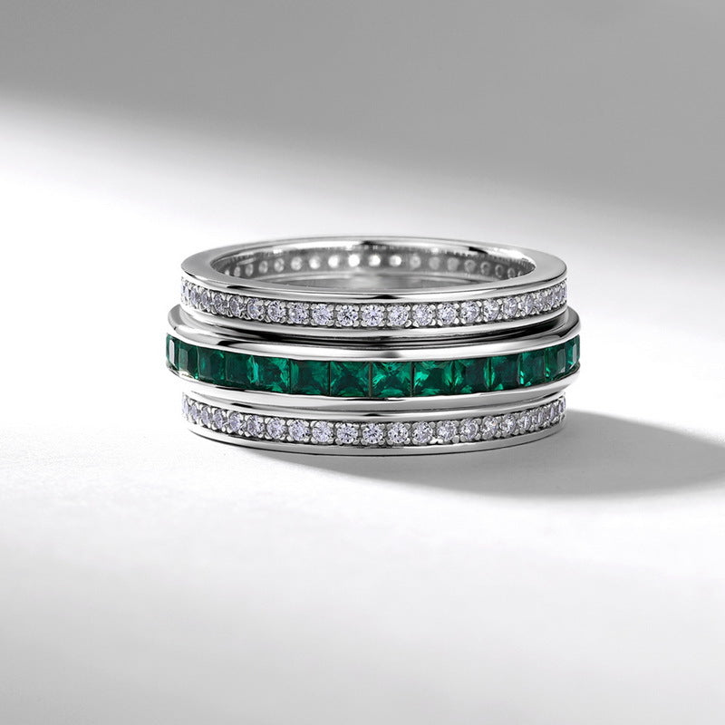 S925 Sterling Silver Rotatable Cultivated Emerald Ring Gold Plated