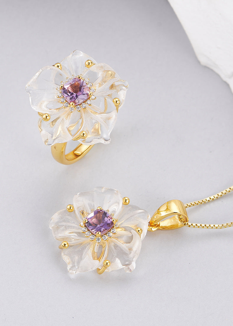 Zircon Crystal Flower Pendant - 925 Silver Micro-Inlaid - French Luxury Amethyst Necklace