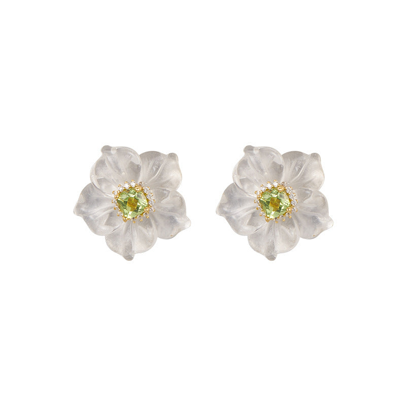3D Flower Crystal Stud Earrings - 925 Silver Camellia Design - Citrine Accents