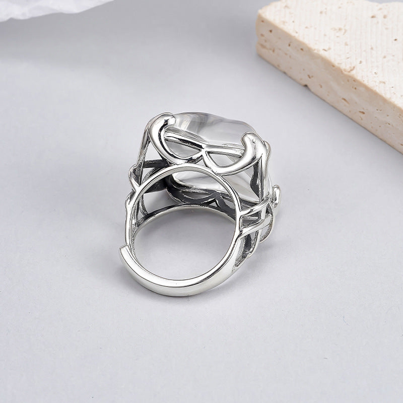 Hollow Geometric Crystal Ring - 925 Silver Large Opening - Exaggerated Index Finger Ring