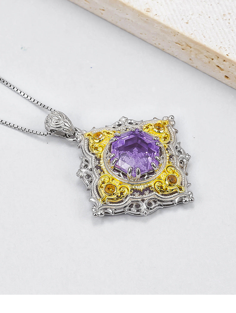 Rhombus Amethyst Pendant - 925 Silver Italian Retro Hollow Pattern - Court Style Necklace